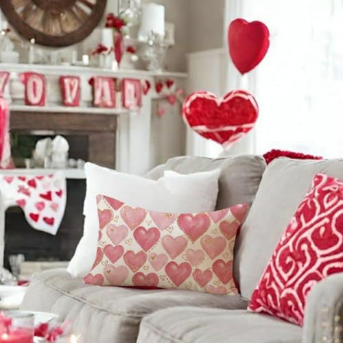 RABUSOFA Pink Heart Lumbar Pillow Cover 12x20 - Valentine's Day Decor