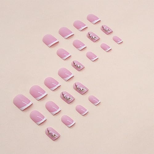 Short French Tip Press on Nails with Pink Flower Design False Nails