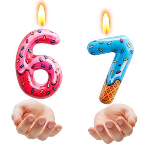 67 Meme Birthday Candle - Dripping Donut Ice Cream Cake Topper, Blue & Pink
