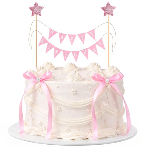 11-Piece Pink Bow Cake Toppers Set with Happy Birthday Flag
