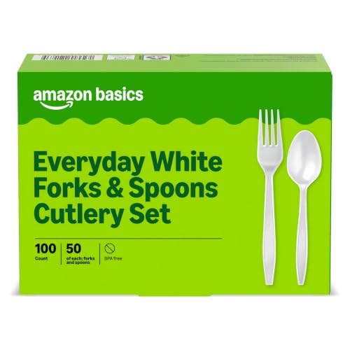 Amazon Basics Disposable Cutlery Set - 100 White Forks & Spoons