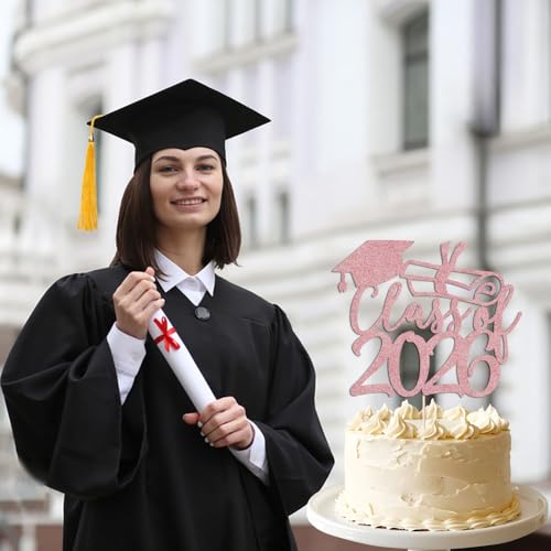 Class of 2026 Rose Gold Glitter Graduation Cake Topper
