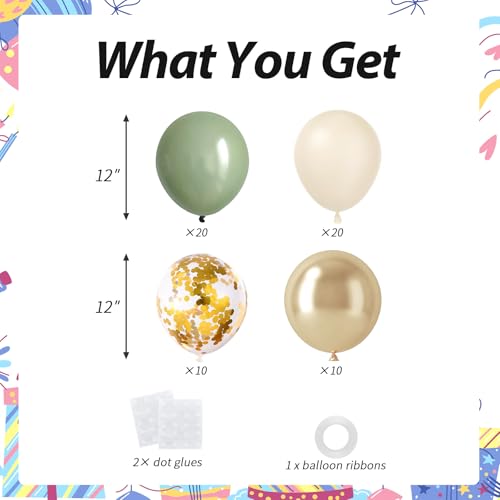 60pcs Sage Green and Gold Balloon Kit with Sand White Balloons for Party Decor - Includes Ribbons & Glue