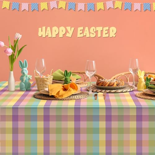 6 Pack Easter Buffalo Plaid Tablecloths - 54x108 Inches, Purple Green Yellow