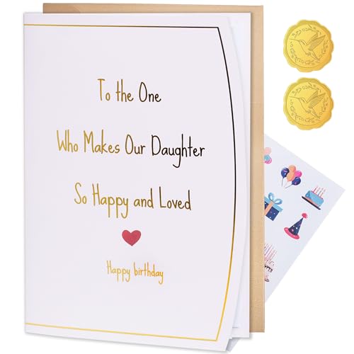 Son in Law Birthday Card - Makes Our Daughter Happy Gold Foil Greeting Card from In-Laws, Includes Envelope & Stickers - Listing Variation