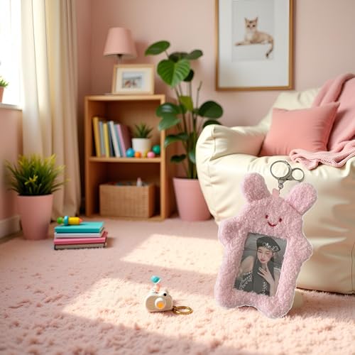 Pink Cute Plush Photocard Holder with Keychain Cartoon Animal Photo Sleeve