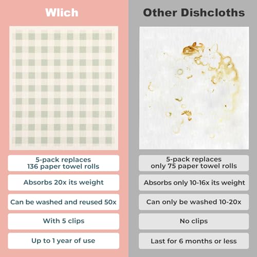 wlich Swedish Dishcloths 5-Pack - Reusable Plant-Based Kitchen Towels with Clips