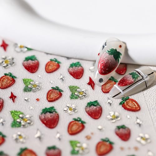 TailaiMei Embossed Strawberry Nail Stickers 5D Fruit Art Decals