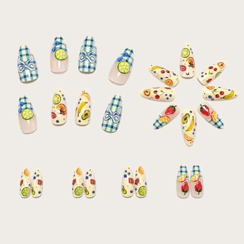 Medium Almond Press on Nails Bow Cherry Design False Nails 24Pcs
