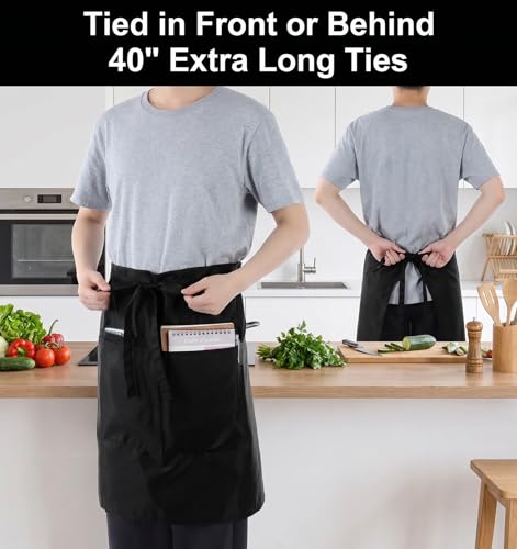 Black Waitress Server Apron with Pockets - Water Resistant Polyester
