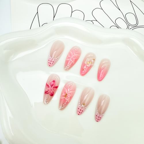 Pink French Almond Press on Nails 3D Butterfly Reusable Acrylic Nails