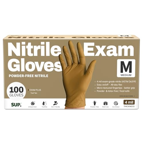 SUP Nitrile Exam Gloves, Powder-Free Disposable Gloves, Medium, Tan