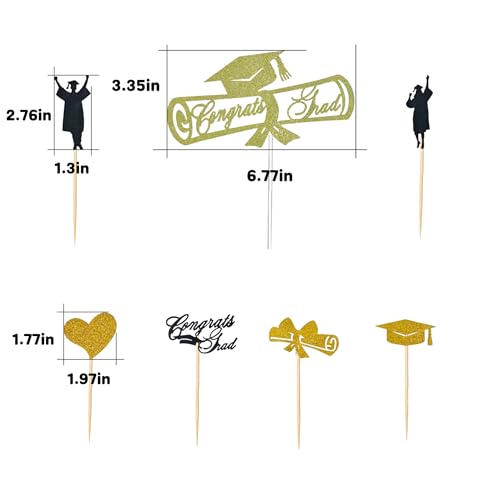 Gold Graduation Cake Toppers Set - 7PCS Congrats Grad Picks 2026