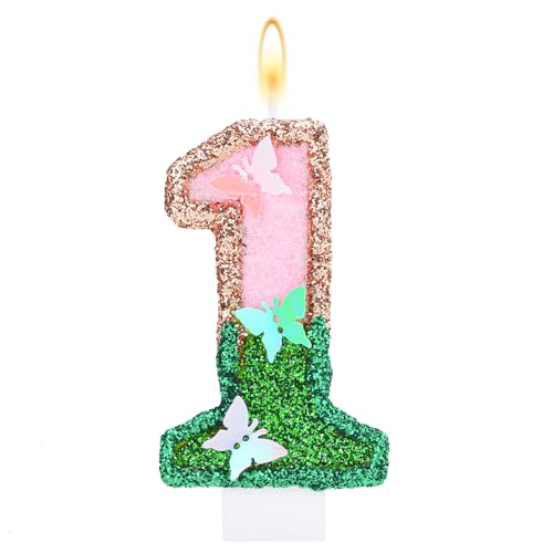 Butterfly Birthday Candle Number 1 - Pink & Green Glitter Cake Topper