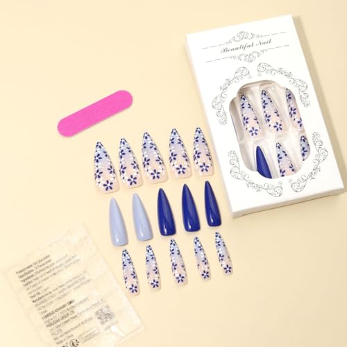 Blue Gradient Stiletto Press on Nails with Floral Designs, 24 Pcs