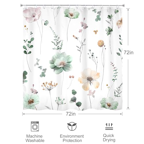 Watercolor Floral Shower Curtain - Sage Green & Beige, 72"W x 72"L