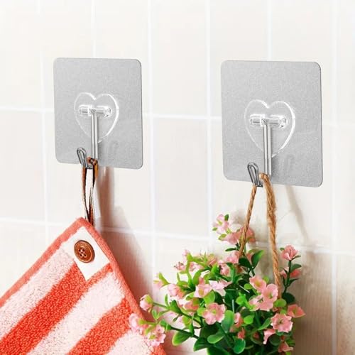 DGYB Silver Heart-Shaped Heavy Duty Adhesive Wall Hooks, 22lb, Set of 20