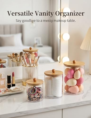 Clear Plastic Cotton Swab Holder with Bamboo Lid - Medium Organizer