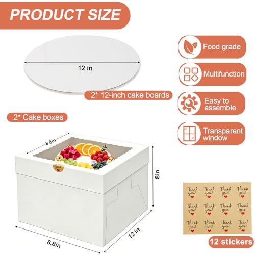 12x12x8 Inch Cake Boxes with Window - 2 Pack Cake Carrier