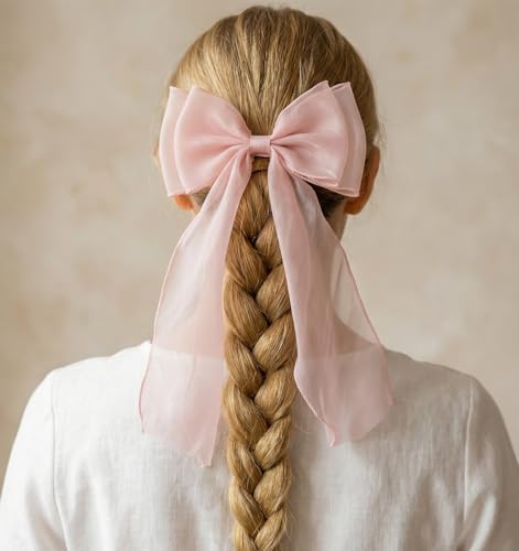 Light Pink Hair Bows with Long Ribbon Tail, 20cm Hair Clips for Women (2PCS)