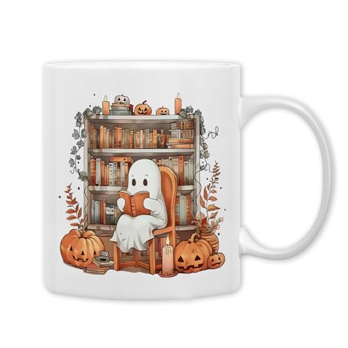 Halloween Reading Ghost Mug - White 11oz Ceramic Coffee Cup for Book Lovers