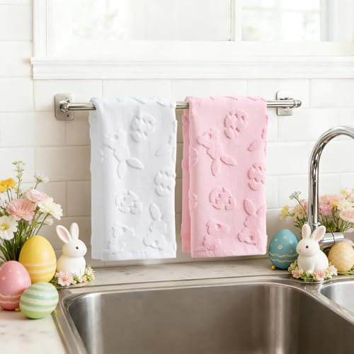 Aolime Easter Hand Towels - 2-Piece Set, 100% Cotton Bunny & Egg Design