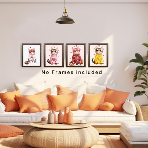Retro Cat Wall Art Prints Set of 4 Funny Trendy Kitty Pictures 8x10