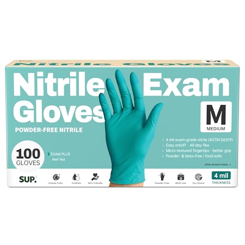 SUP Nitrile Exam Gloves - Powder-Free Disposable Gloves, Medium, Reef Teal