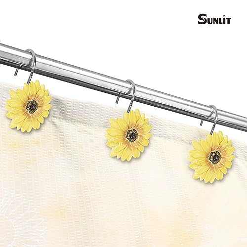 Sunlit Yellow Sunflower Shower Curtain Hooks - Summer Floral Resin Bathroom Decor, Set of 12