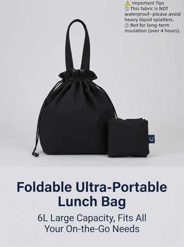 DAROSS Insulated Canvas Lunch Bag - Waterproof Drawstring Tote, Black