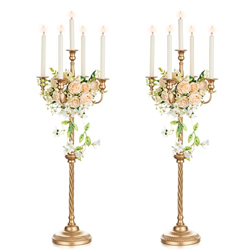 Tall Gold Candle Holders Set of 2 - 34 Inch Floor Taper Candle Stands for Weddings & Holidays