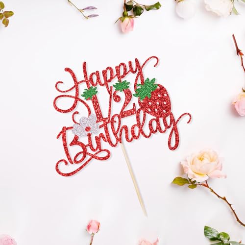 Sleyberoy Strawberry Red Glitter Cake Topper for 1/2 Birthday