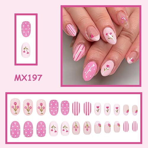 Medium Oval Press on Nails Cute Strawberry Acrylic False Nails Pink Tulip