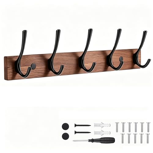 Dntorx 1 Pack Wall Mounted Coat Rack with 5 Hooks - 15.8 Inch Wooden Design