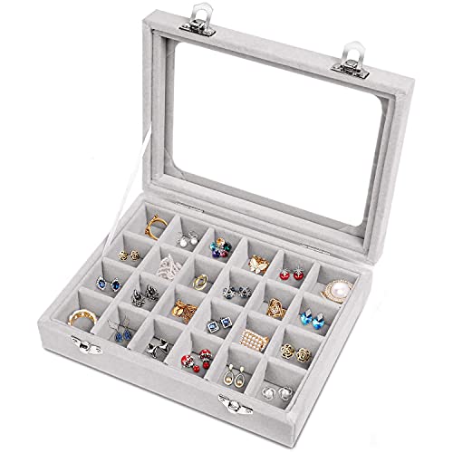Velvet Jewelry Organizer Tray with Glass Lid 24 Compartments for Rings Earrings