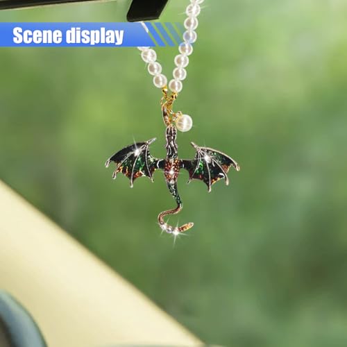 Bling Dragon Car Rear View Mirror Charm - Fantasy Rhinestone Hanging Pendant