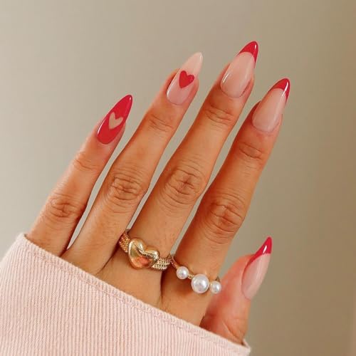 Onsdag Red French Tip Almond Press On Nails with Heart Designs 24 Pcs