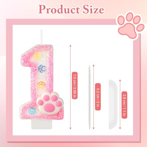Pink Number 1 Dog & Cat Birthday Candle with Paw Print Cake Topper