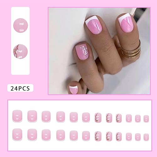 Short French Tip Press on Nails with Pink Flower Design False Nails