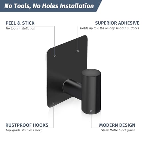 Matte Black Adhesive Hooks for Shower - Waterproof Towel Holders (2 Pcs)