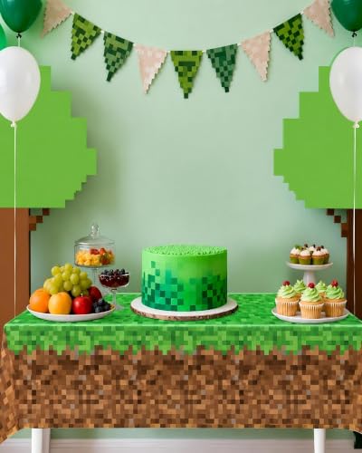 Calmi Green Pixel Miner Tablecloth - 54.1" x 108" Waterproof Gamer Party Cover