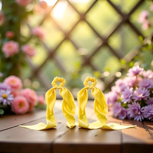 Yellow Satin Ribbon Bow Hair Scrunchies 2-Pack Ponytail Holder Scarf