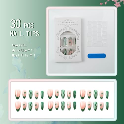 Green Medium Almond Press on Nails Acrylic Fake Nails 30pcs