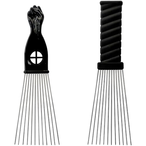 Metal Afro Comb Set - 2PCS Hair Pick with Black Fist Design