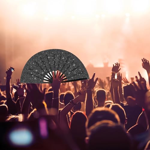 Plzoslly Black Glitter Large Folding Hand Fan for Festivals & Parties