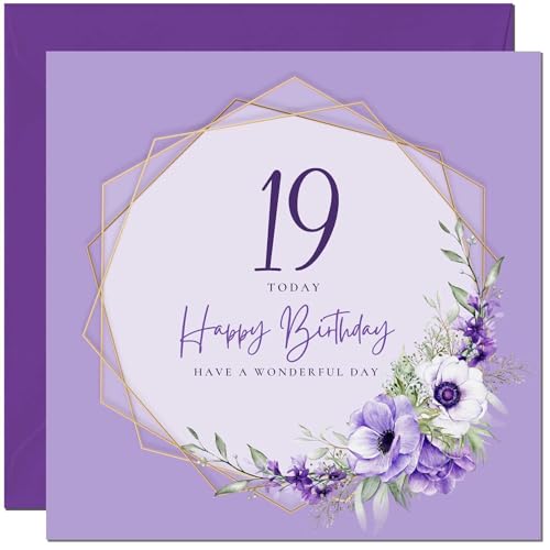 19th Birthday Card for Men and Women - Floral 19 Year Old Card with Envelope
