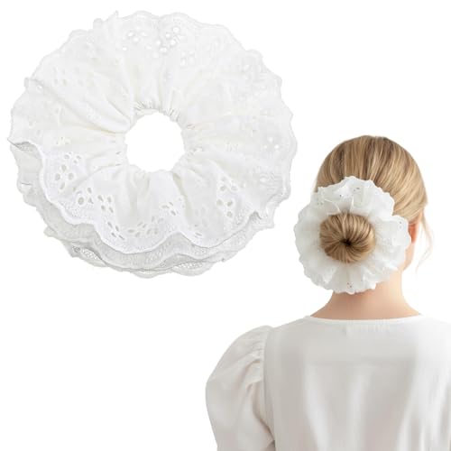 Nogeqi White Lace Scrunchie Large Ruffle Hair Tie for Thick Hair