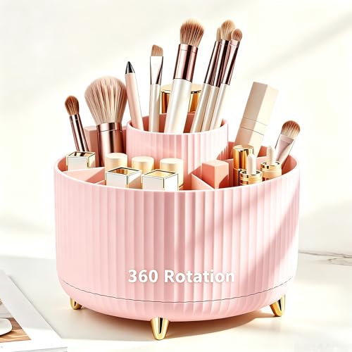 360 Rotating Makeup Brush Holder - 5 Slot Desktop Organizer (Pink, Small)
