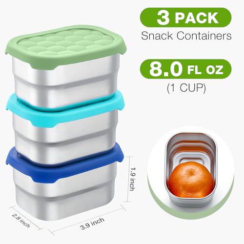 Gencywe Blue 3 Pack Stainless Steel Snack Containers for Kids - Leak Proof & Reusable, 8oz Toddler Lunch Boxes with Silicone Lids
