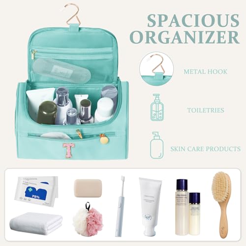 COSHAYSOO Initial Hanging Travel Toiletry Bag Preppy Teal Blue Letter T